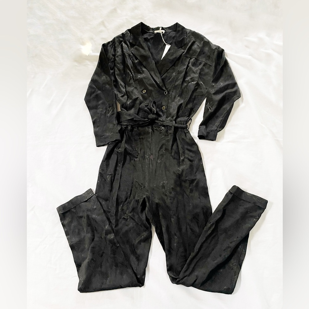 Louizon jumpsuit black satin floral printed double breasted playsuit